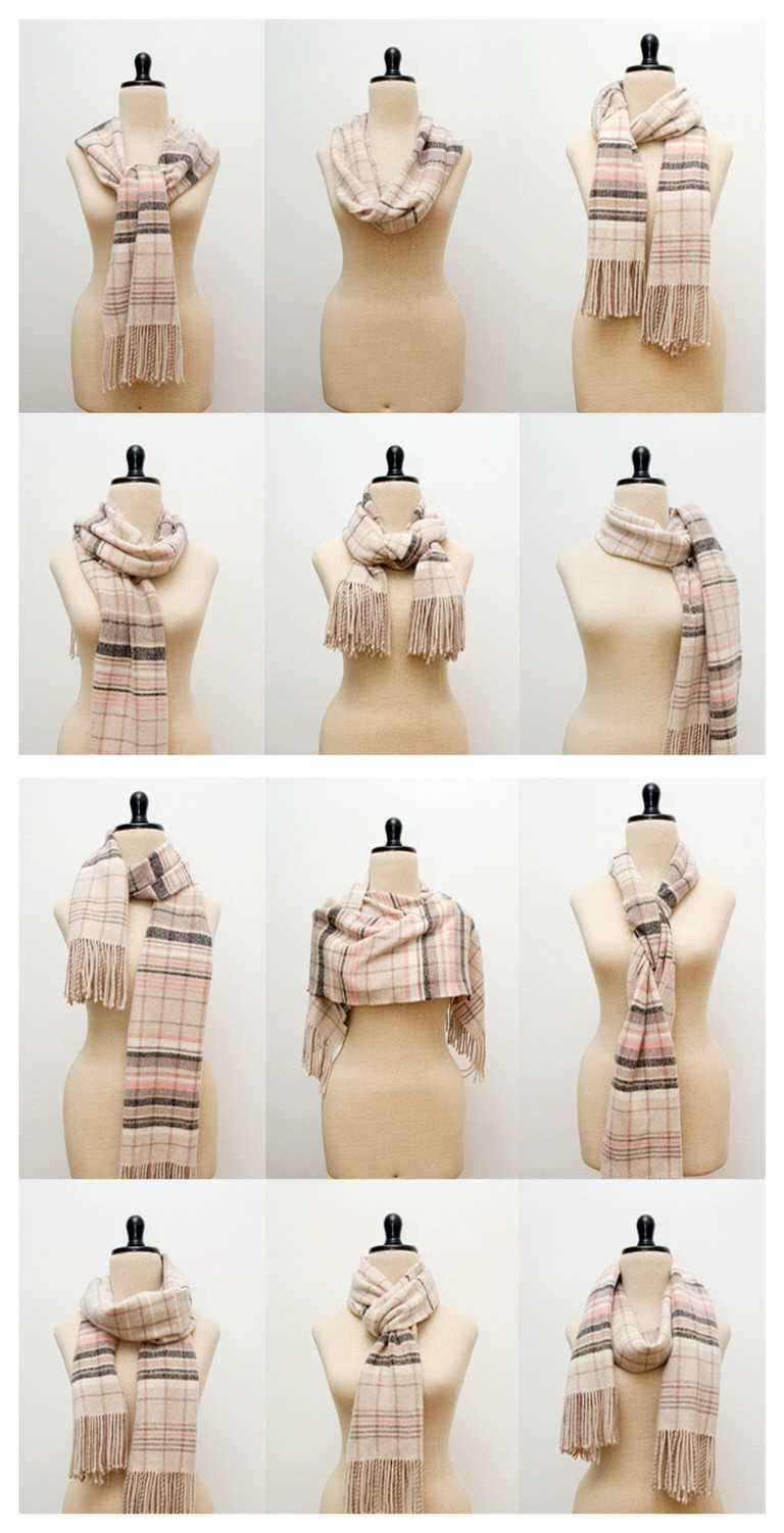 Scarf tying examples and instructions.