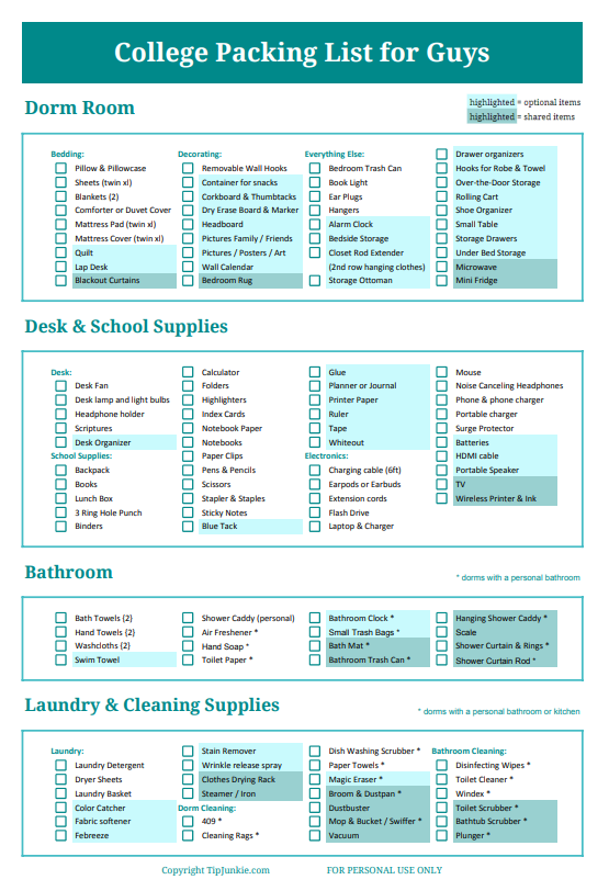 The Ultimate College Packing List For Guys Printable Pdf Dorm Packing 