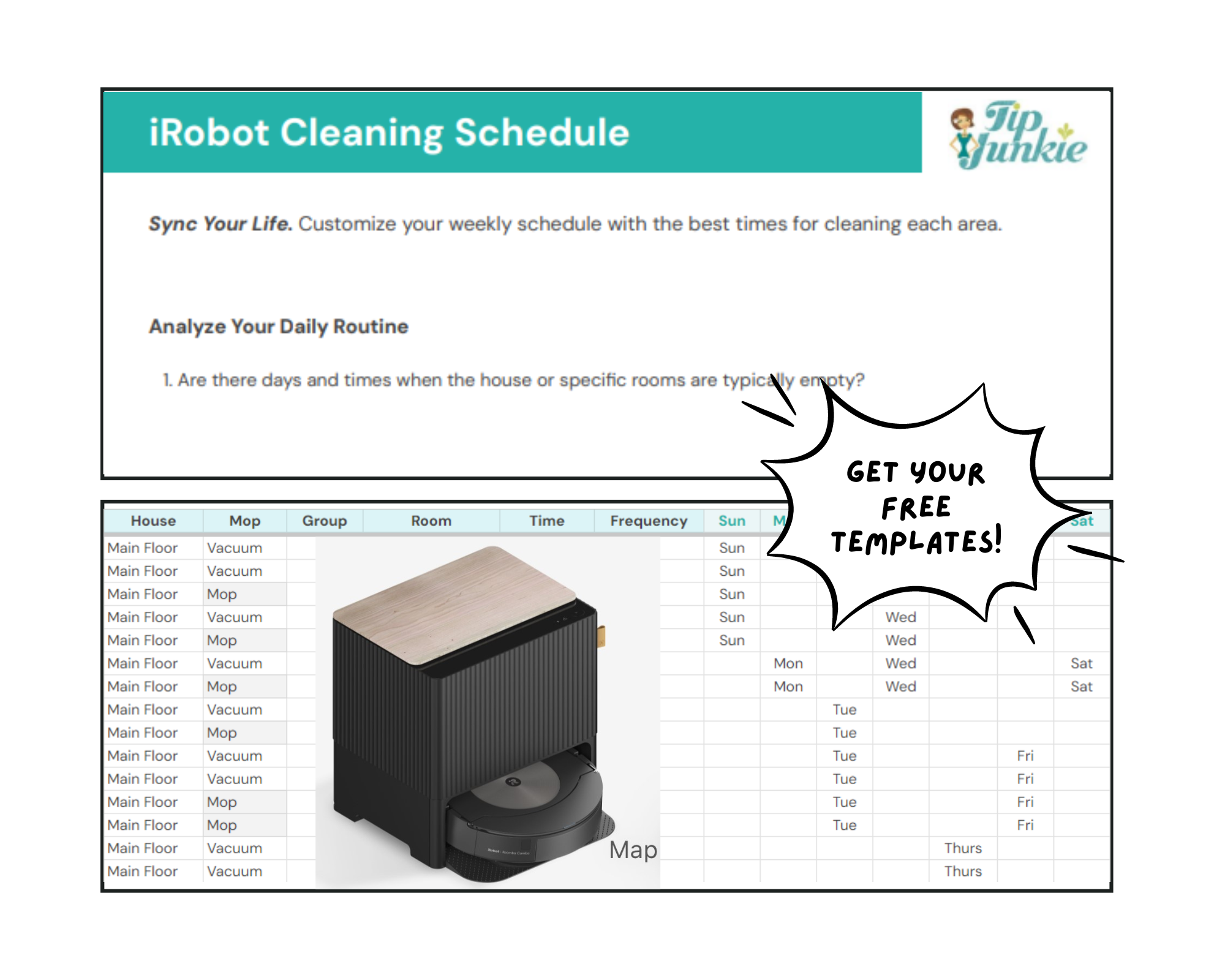 iRobot vacuum and mop schedule by TipJunkie on Google Sheets