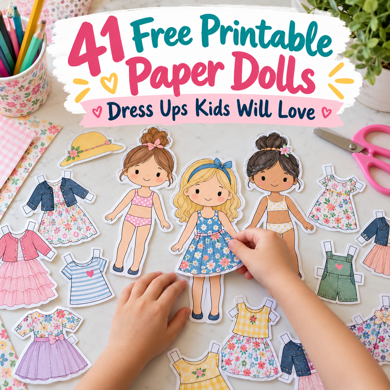 Free printable paper dolls with colorful dresses and outfits for kids to cut out and dress up