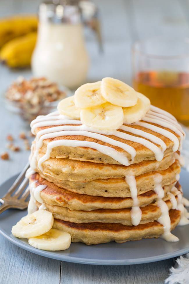 Banana Bread Pancakes with Cream Cheese Glaze