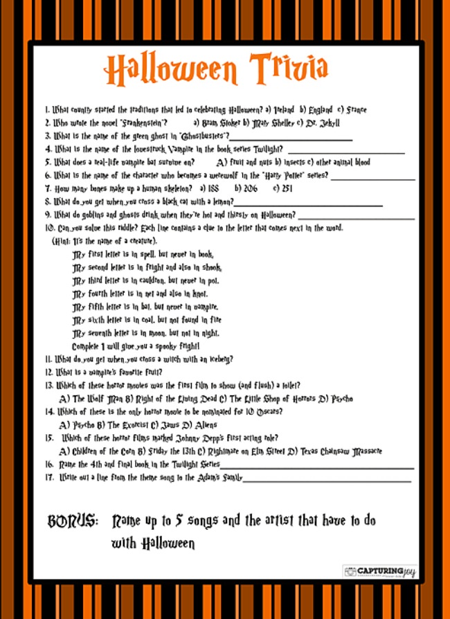 6 Halloween Trivia Worksheets and Games – Tip Junkie