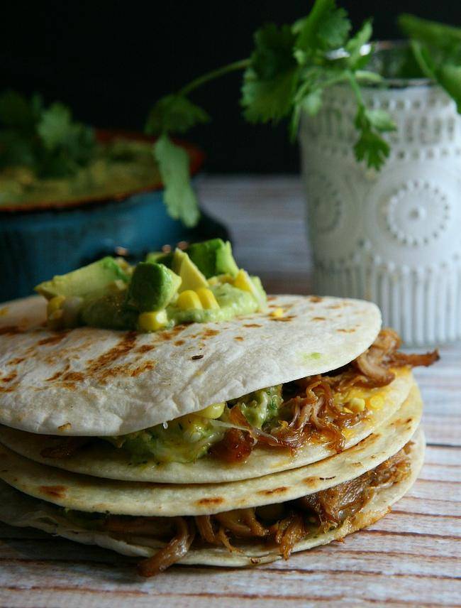 Pulled Pork Quesadillas with Tomatillo Guacamole